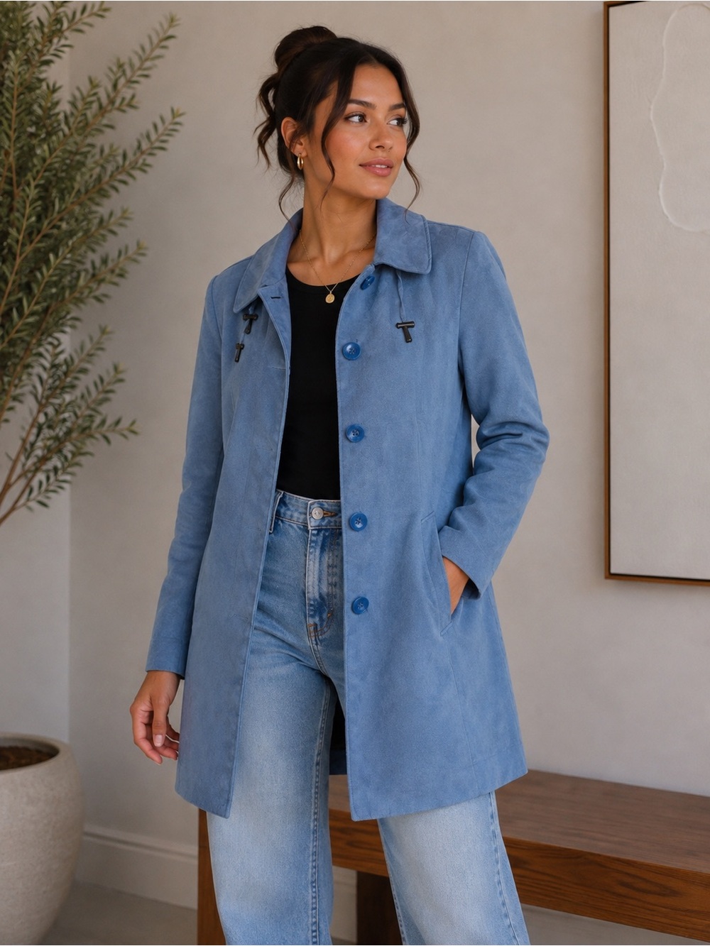 Appleseed’s Petites Women’s Blue Button Front Coat. Size: Petite Medium